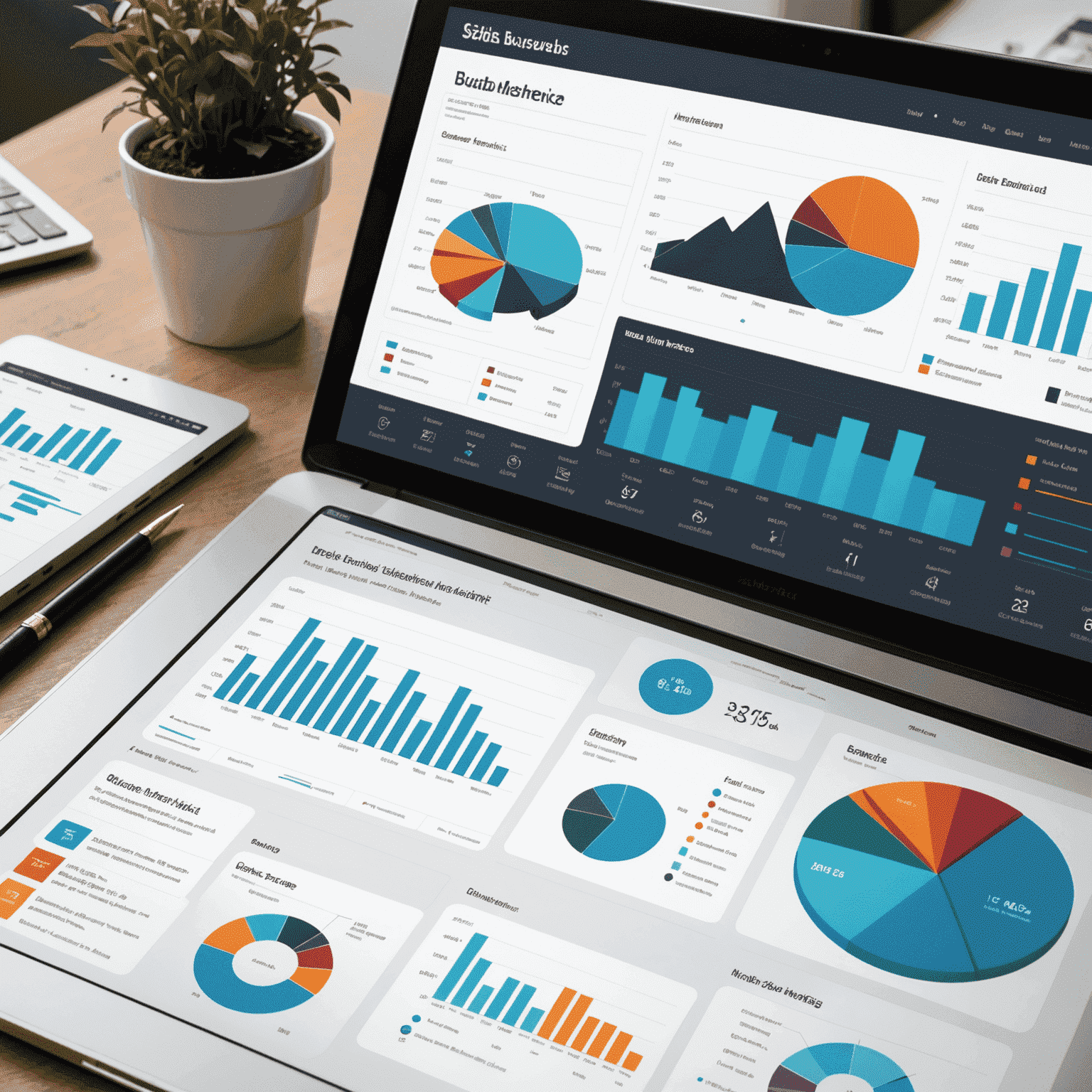 Data visualization dashboard showing various business intelligence metrics and trends