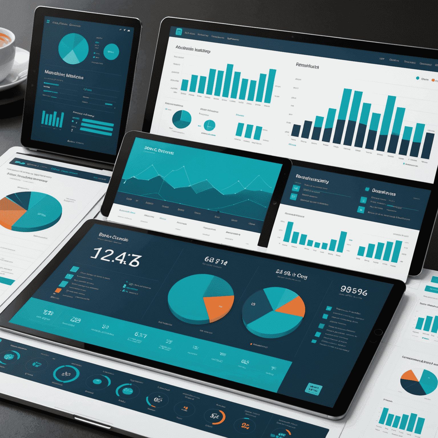 A modern, interactive dashboard displaying various business metrics through colorful charts and graphs. The image showcases line graphs, bar charts, and pie charts, all presented in a clean, professional layout with a predominant use of blue and teal colors.