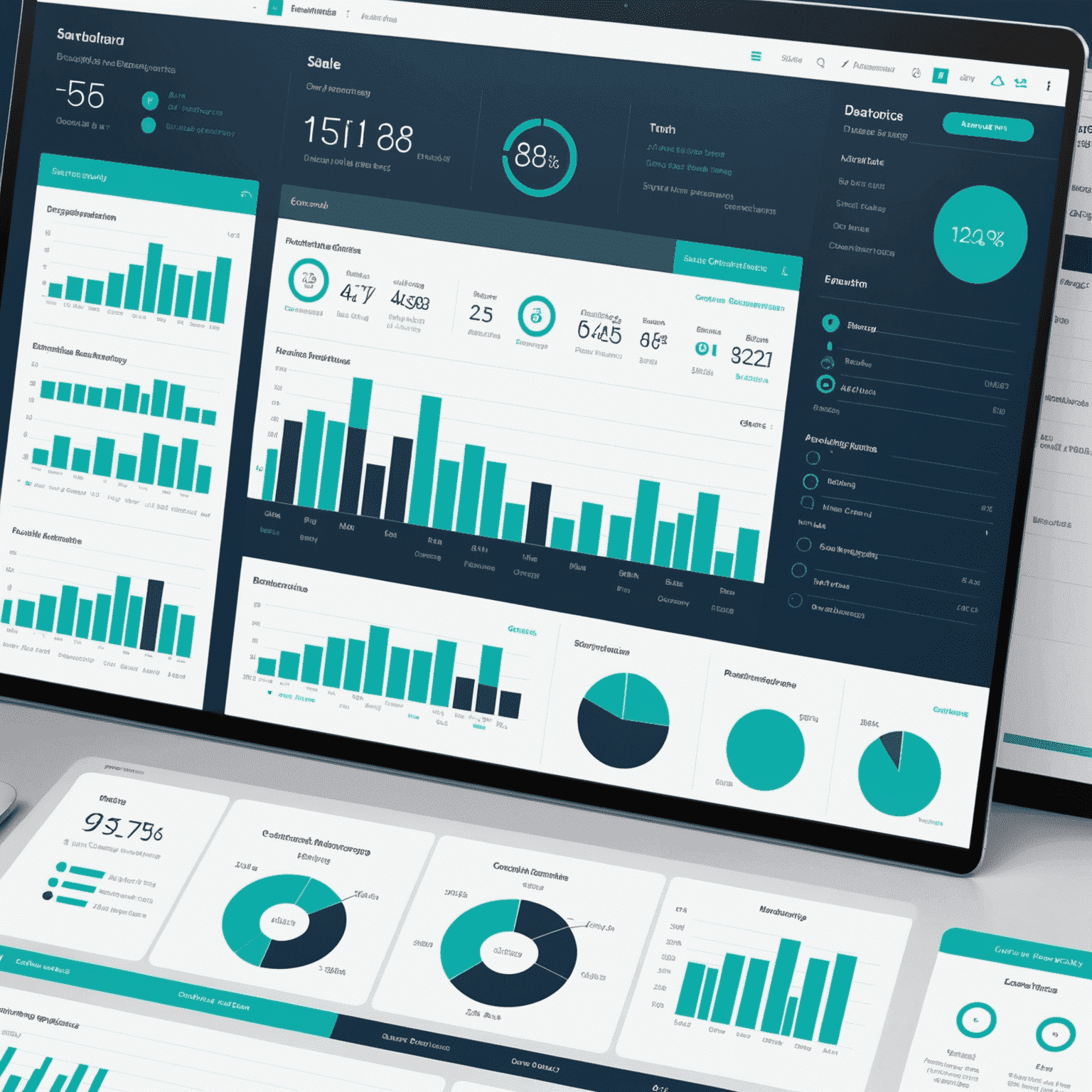 A modern, sleek dashboard interface displaying various business metrics, charts, and KPIs. The dashboard features a clean layout with a white background, dark blue headers, and teal accent colors for key data points. It shows line graphs, bar charts, and pie charts representing sales trends, customer demographics, and performance indicators.