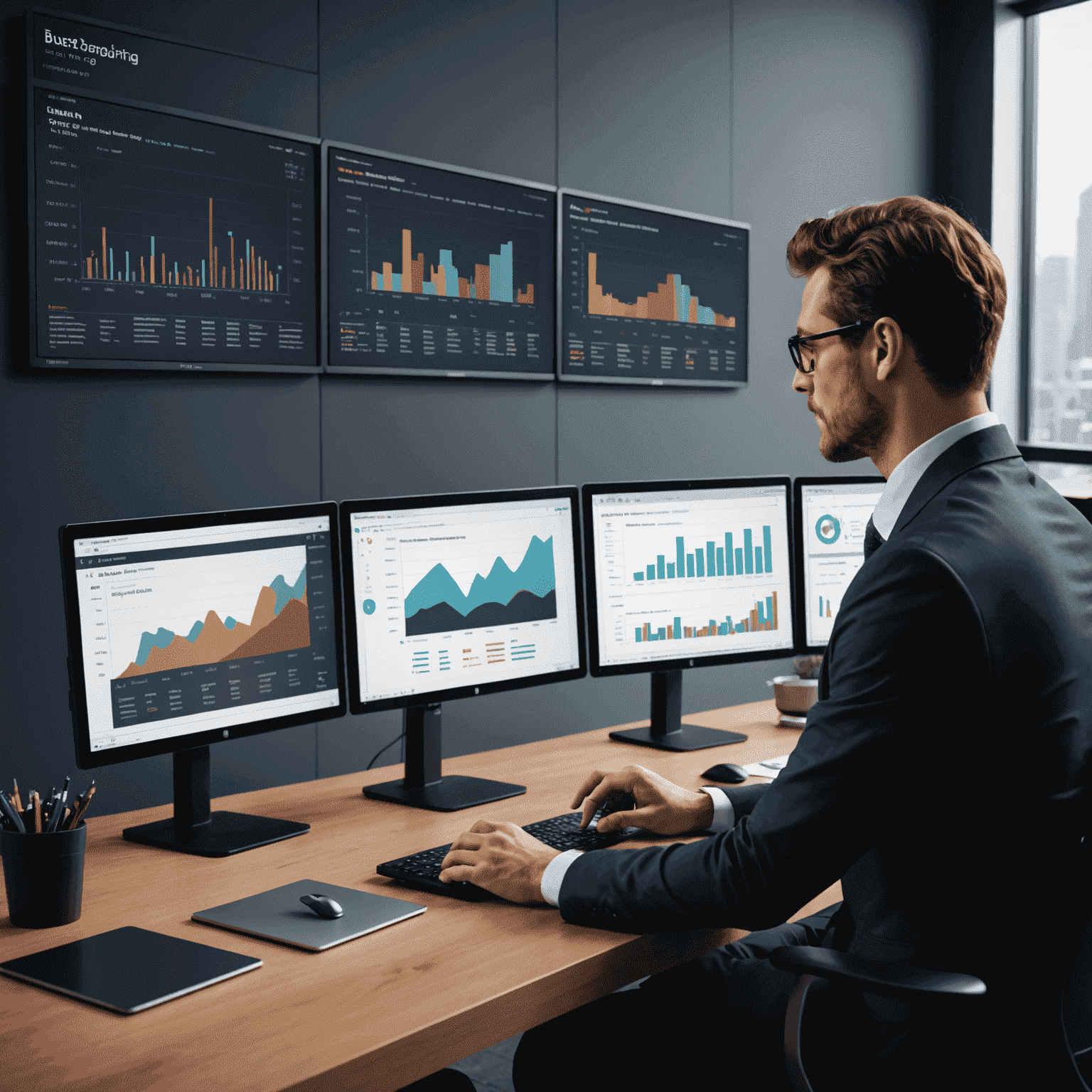 A business professional analyzing real-time data on multiple screens showing interactive charts and graphs