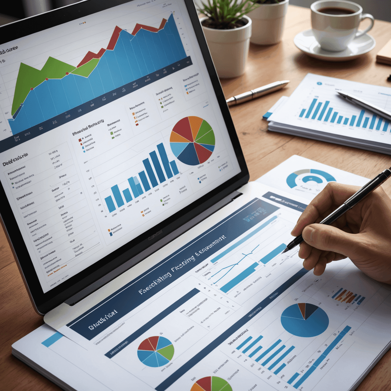 Financial forecasting model with predictive analytics graphs and risk assessment charts