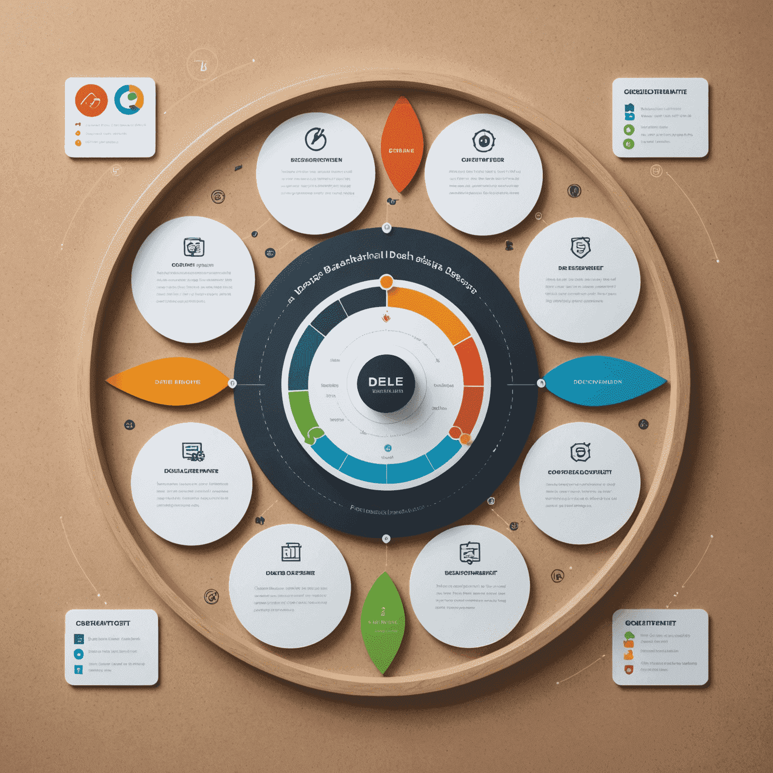 A visual representation of the dashboard design process. The image shows a circular workflow diagram with six steps: Requirements Gathering, Data Analysis, Prototype Design, Development, Testing and Refinement, and Deployment and Training. Each step is represented by a unique icon and connected in a clockwise manner, emphasizing the iterative nature of the process.