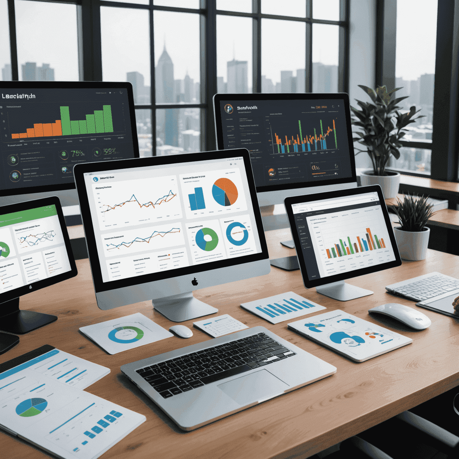 A custom-designed business dashboard displaying various KPIs, charts, and real-time data on multiple screens