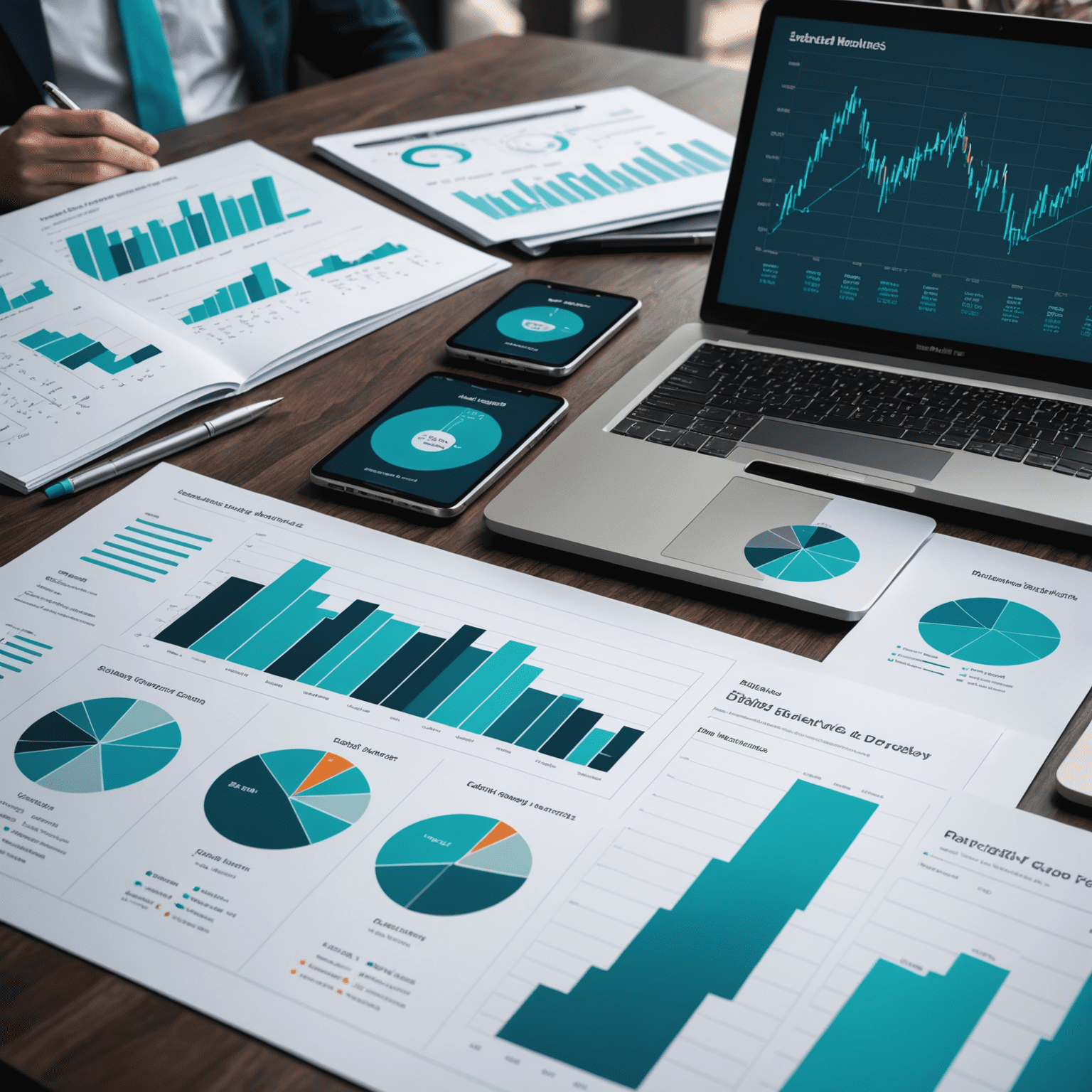 A series of predictive analytics charts showing future trends and forecasts. The image includes line graphs with projected values, confidence intervals, and scenario analysis visualizations, all presented in a professional blue and teal color scheme.